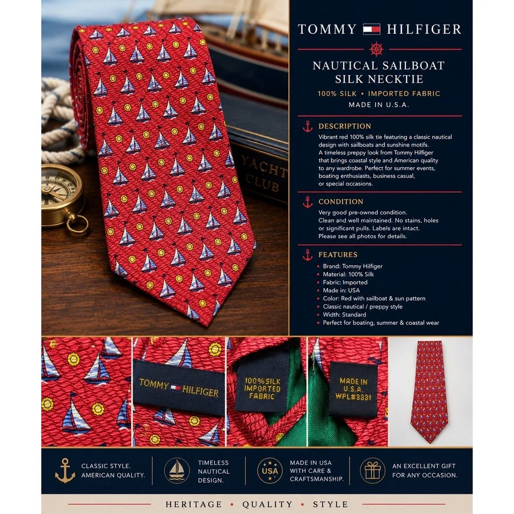Tommy Hilfiger Men's 100% Silk Red Sailboat Tie Nautical Sun Motif Made in USA